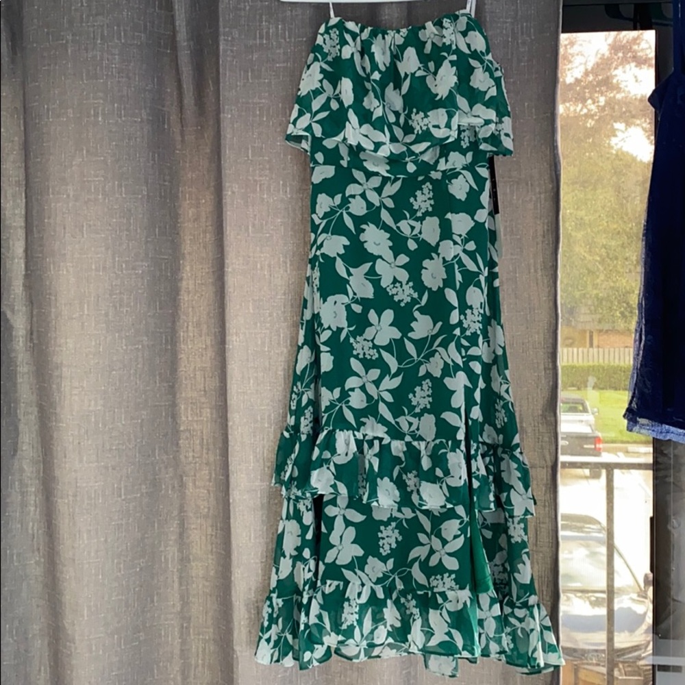 Green and white floral strapless midi dress